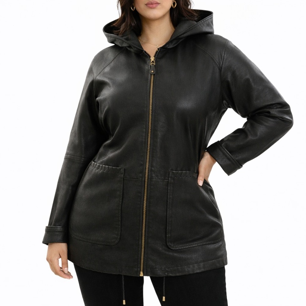 90s Vintage Black Leather Hooded Jacket Womens S Blanket Stitch Jacquelline Ferr